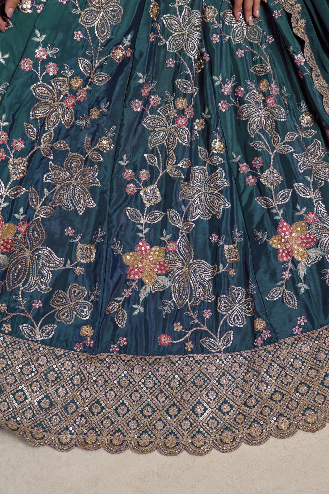 Teal Blue Crepe Silk Lehenga Choli with Floral Embroidery