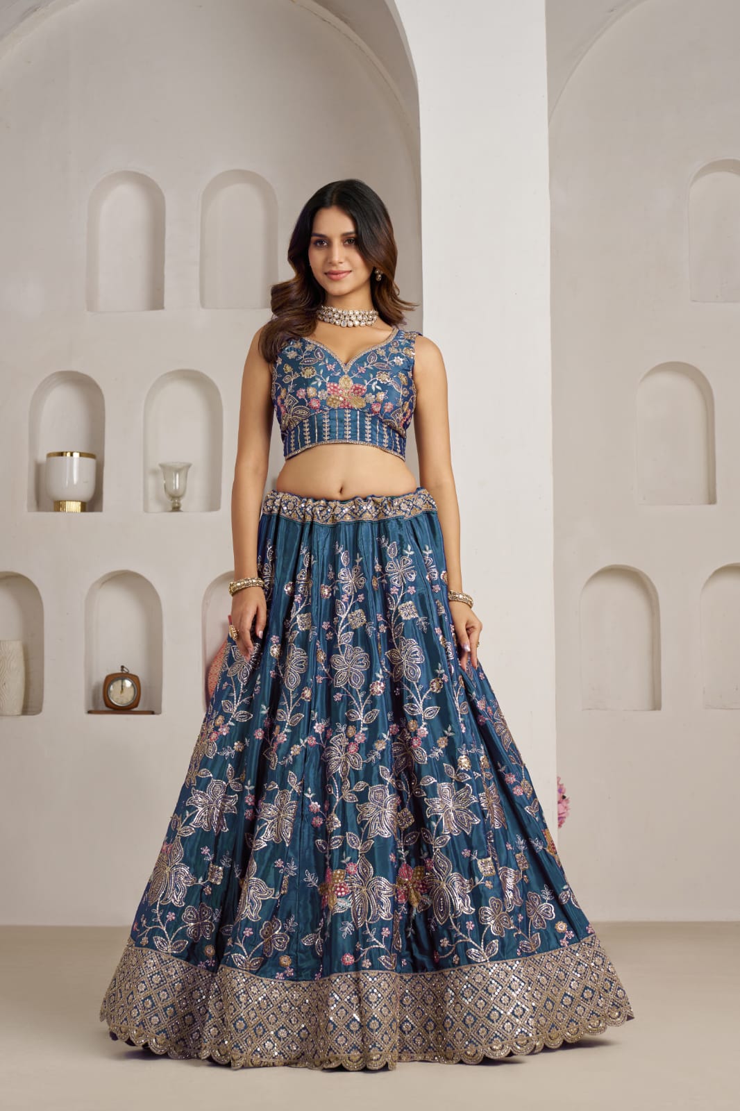 Teal Blue Crepe Silk Lehenga Choli with Floral Embroidery