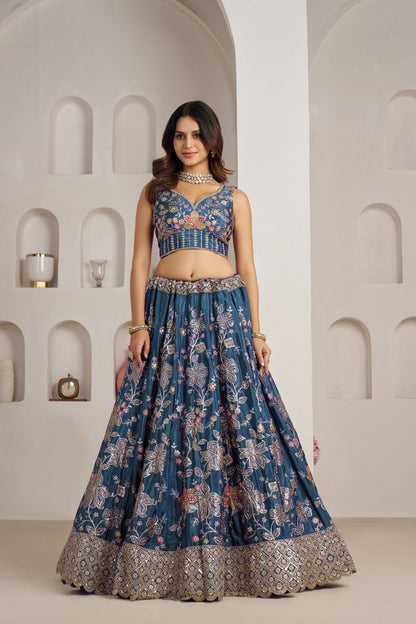 Teal Blue Crepe Silk Lehenga Choli with Floral Embroidery