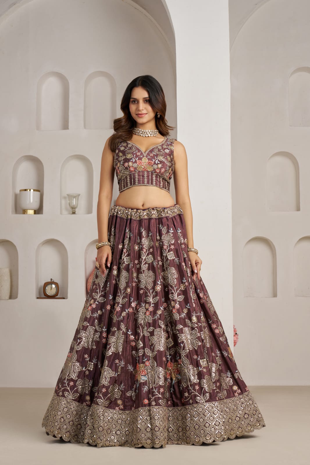 Wine Crepe Silk Lehenga Choli with Floral Embroidery