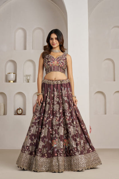 Wine Crepe Silk Lehenga Choli with Floral Embroidery