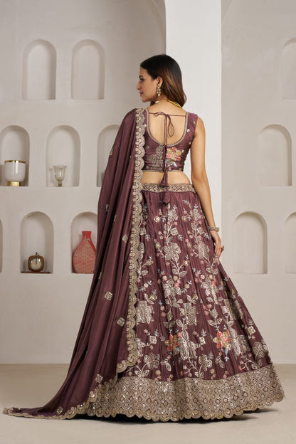 Wine Crepe Silk Lehenga Choli with Floral Embroidery