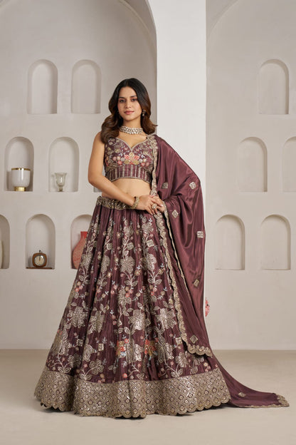 Wine Crepe Silk Lehenga Choli with Floral Embroidery