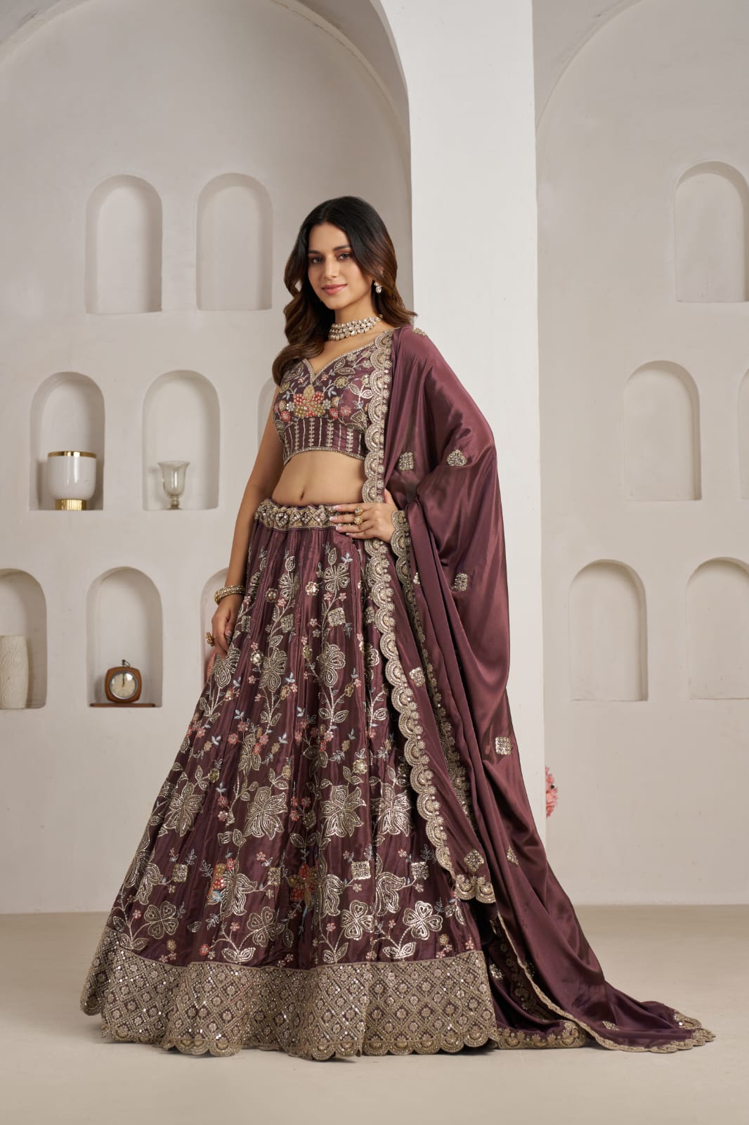 Wine Crepe Silk Lehenga Choli with Floral Embroidery