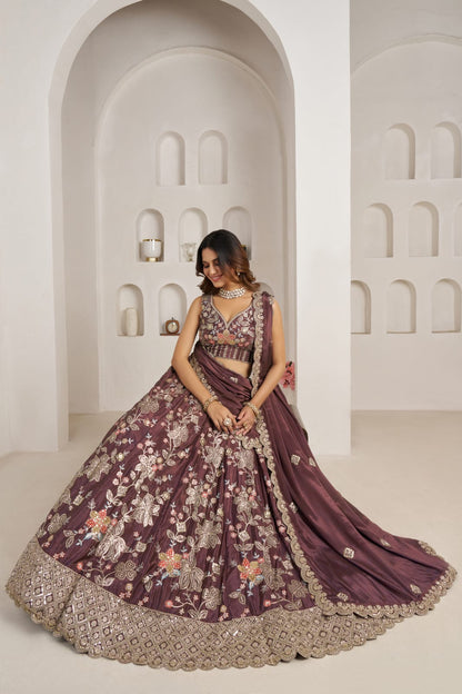 Wine Crepe Silk Lehenga Choli with Floral Embroidery