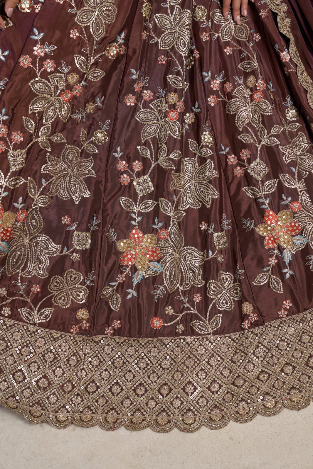 Wine Crepe Silk Lehenga Choli with Floral Embroidery