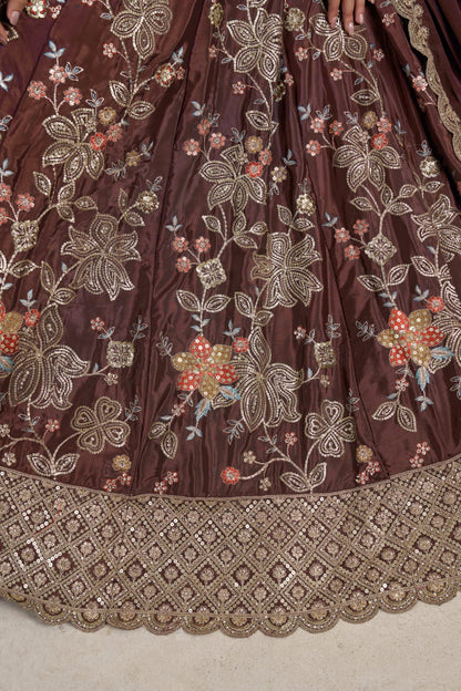 Wine Crepe Silk Lehenga Choli with Floral Embroidery
