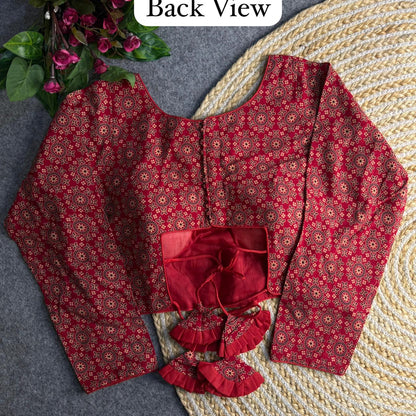 Red Pure Heavy Ajrakh Cotton Long Sleeves Blouse