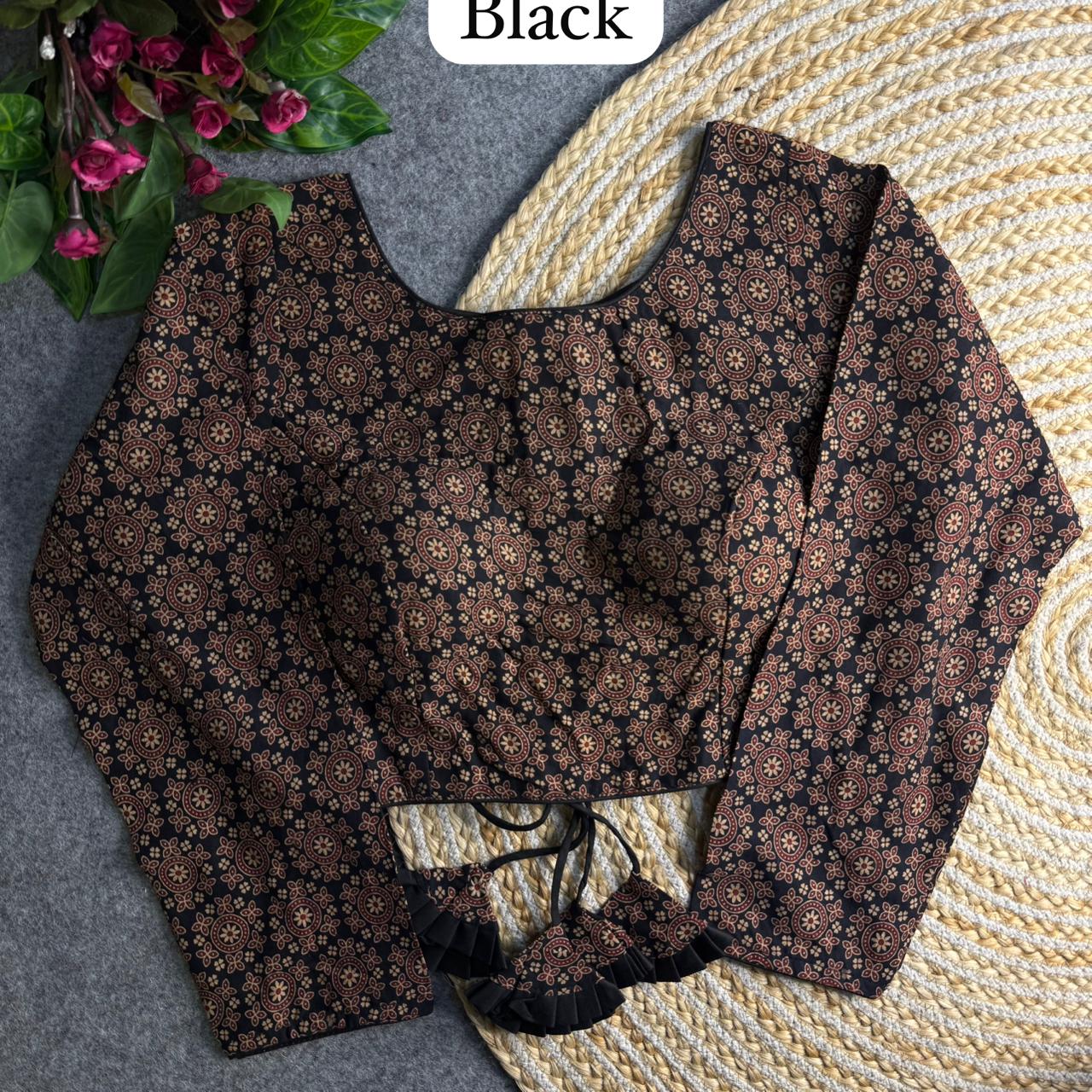 Black Pure Heavy Ajrakh Cotton Long Sleeves Blouse