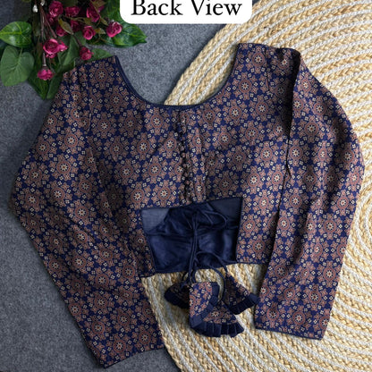 Navy Blue Pure Heavy Ajrakh Cotton Long Sleeves Blouse