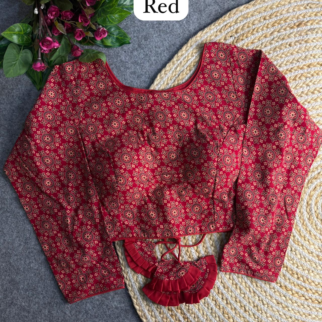 Red Pure Heavy Ajrakh Cotton Long Sleeves Blouse