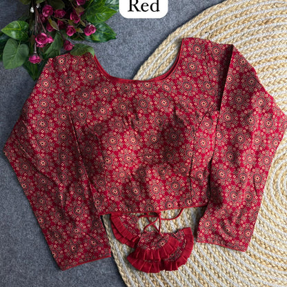 Red Pure Heavy Ajrakh Cotton Long Sleeves Blouse
