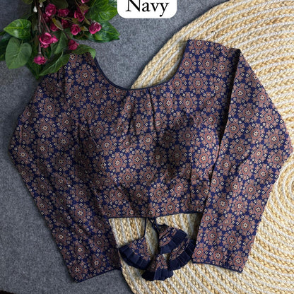 Navy Blue Pure Heavy Ajrakh Cotton Long Sleeves Blouse