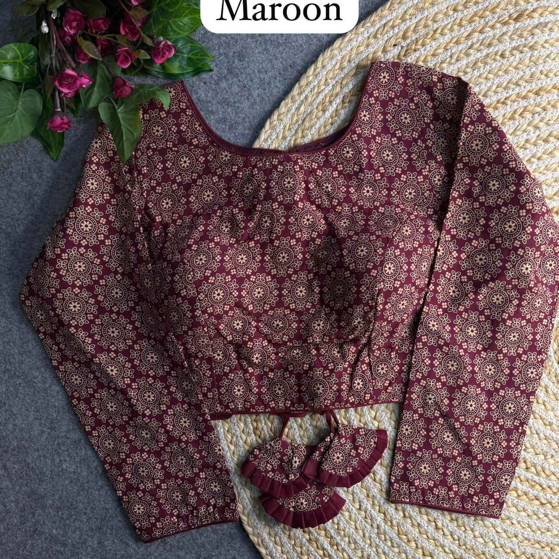 Maroon Pure Heavy Ajrakh Cotton Long Sleeves Blouse