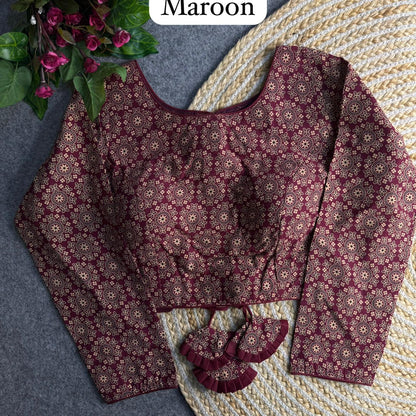 Maroon Pure Heavy Ajrakh Cotton Long Sleeves Blouse