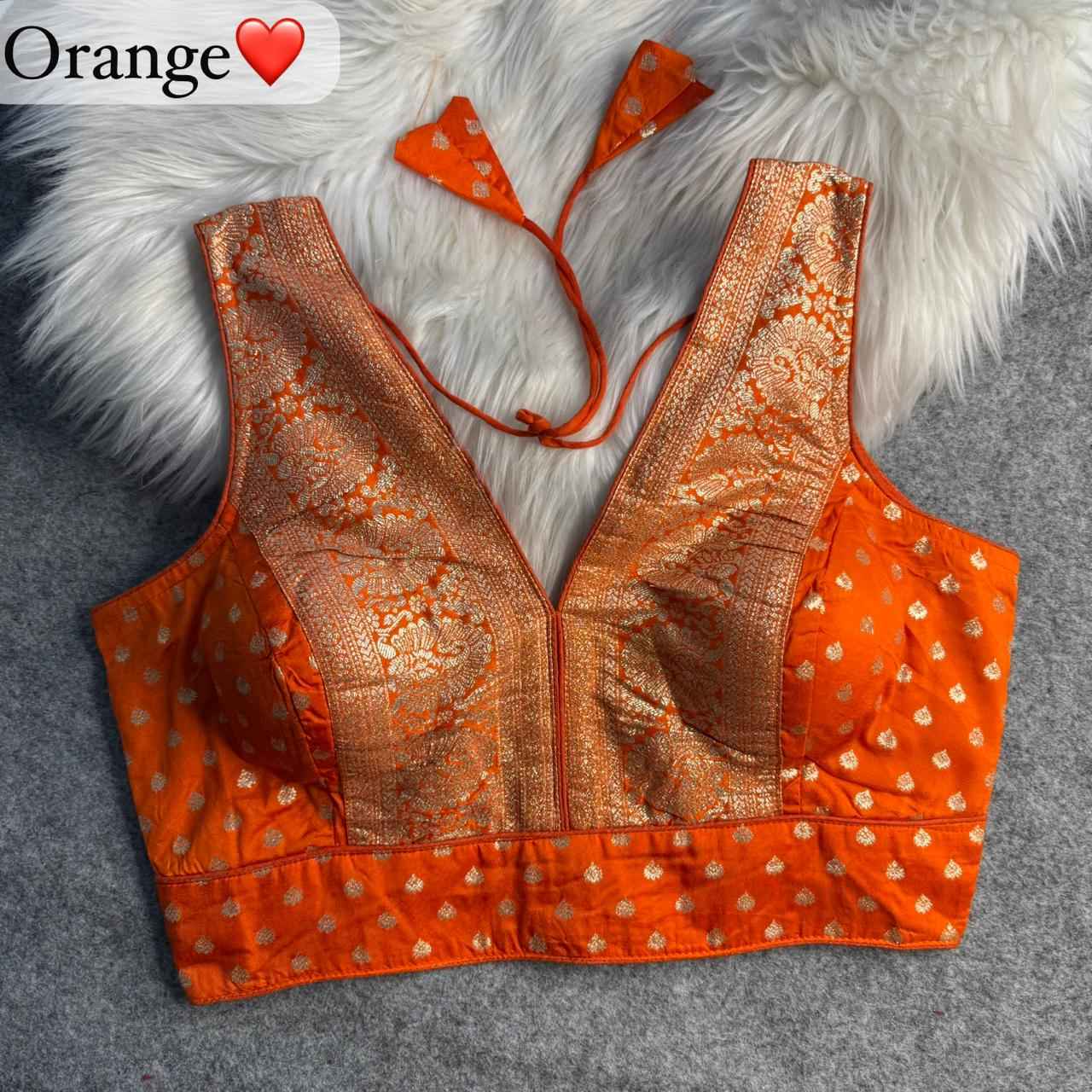 Orange Pure Dola Soft Mina Jari V Neck Heavy Banarasi Blouse