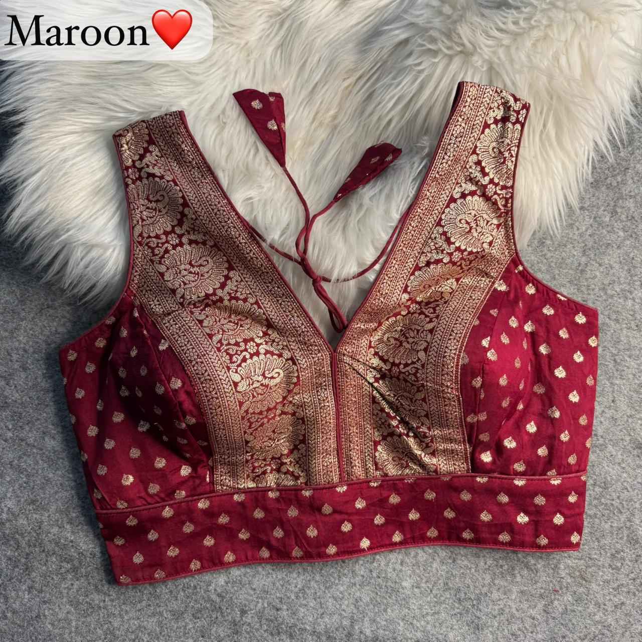 Maroon Pure Dola Soft Mina Jari V Neck Heavy Banarasi Blouse