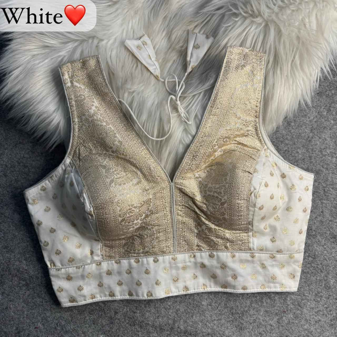 White Pure Dola Soft Mina Jari V Neck Heavy Banarasi Blouse