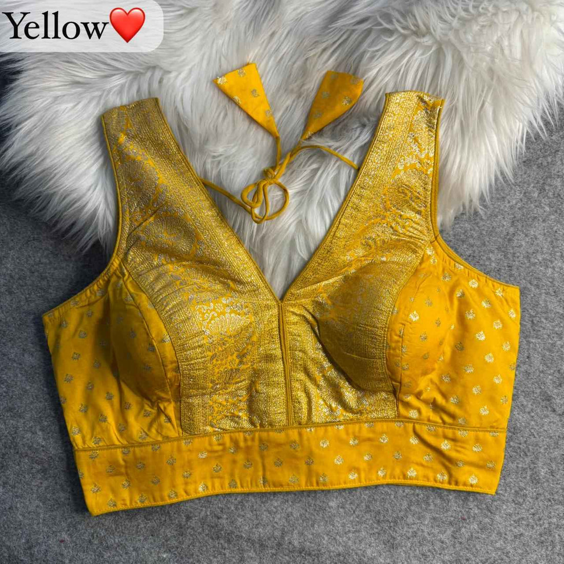 Yellow Pure Dola Soft Mina Jari V Neck Heavy Banarasi Blouse