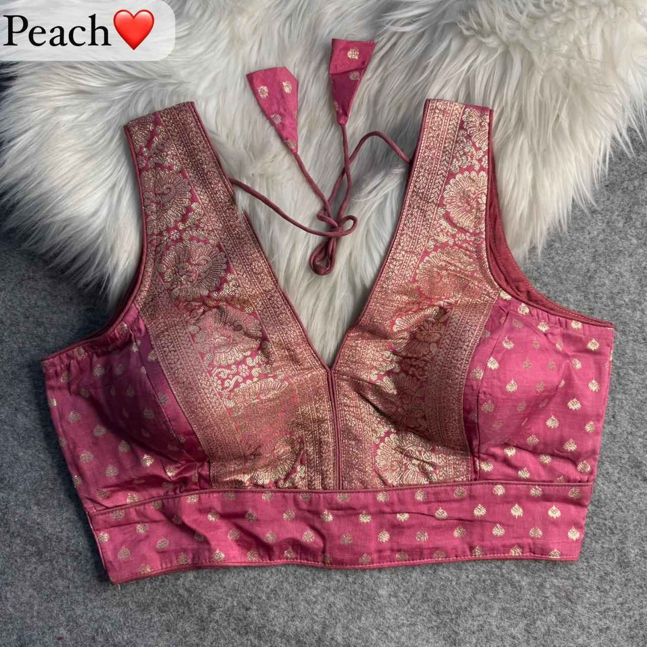 Peach Pure Dola Soft Mina Jari V Neck Heavy Banarasi Blouse
