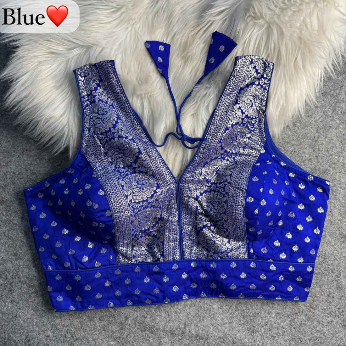 Blue Pure Dola Soft Mina Jari V Neck Heavy Banarasi Blouse