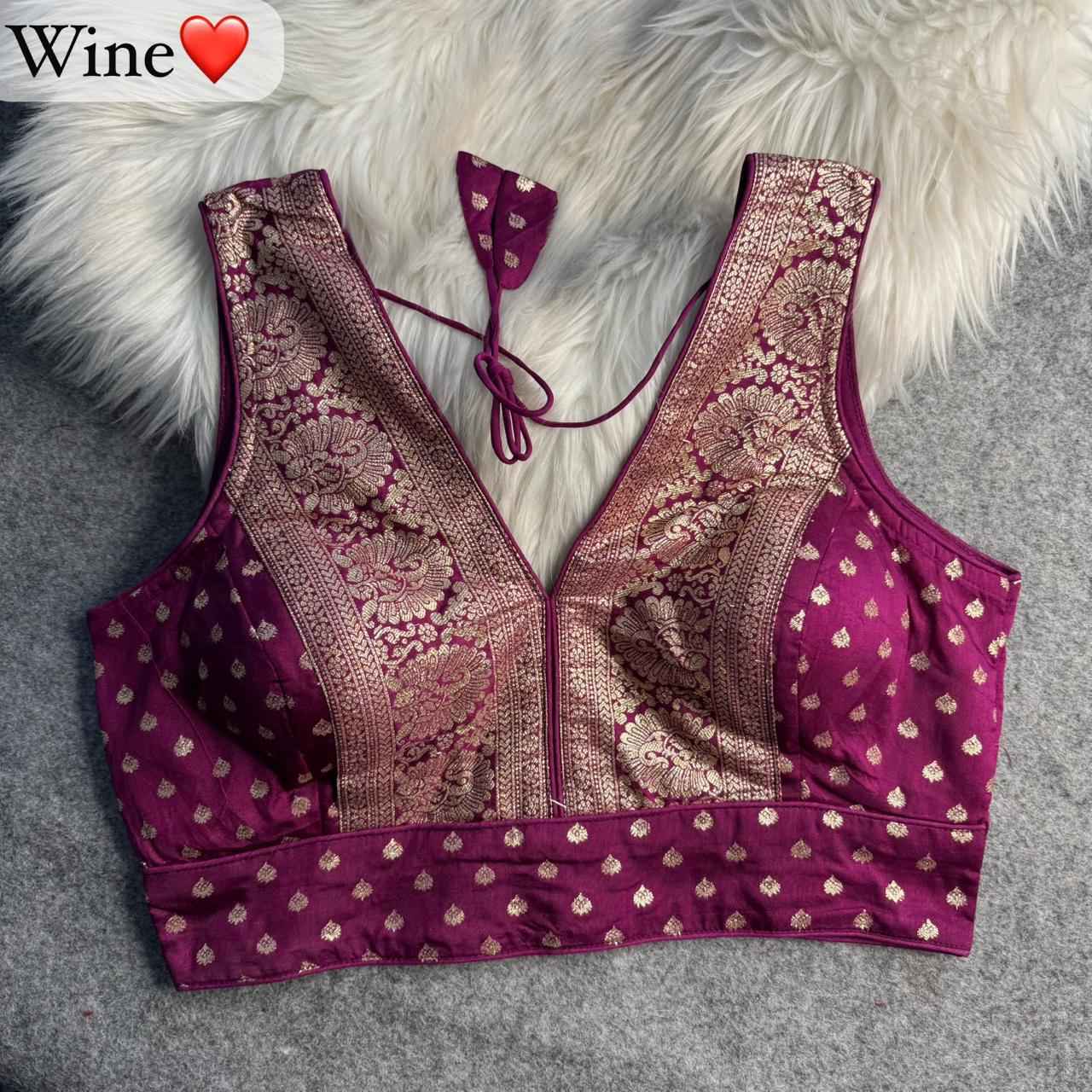 Wine Pure Dola Soft Mina Jari V Neck Heavy Banarasi Blouse