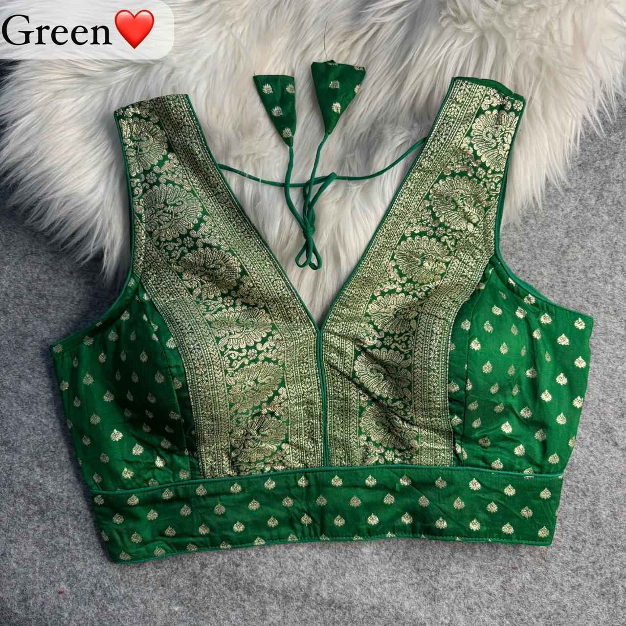 Green Pure Dola Soft Mina Jari V Neck Heavy Banarasi Blouse