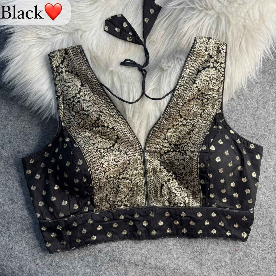 Black Pure Dola Soft Mina Jari V Neck Heavy Banarasi Blouse