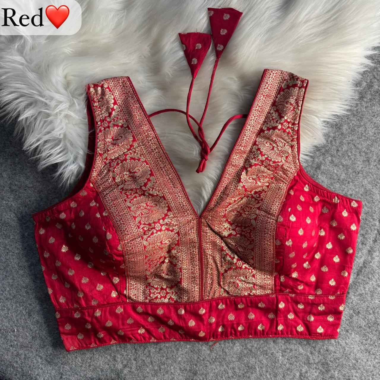 Red Pure Dola Soft Mina Jari V Neck Heavy Banarasi Blouse