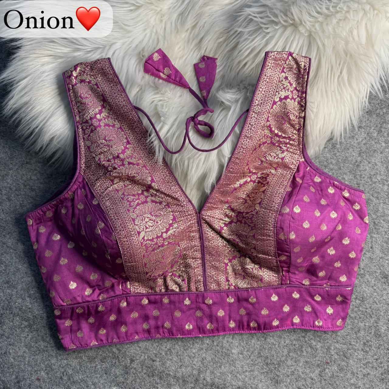 Onion Pure Dola Soft Mina Jari V Neck Heavy Banarasi Blouse