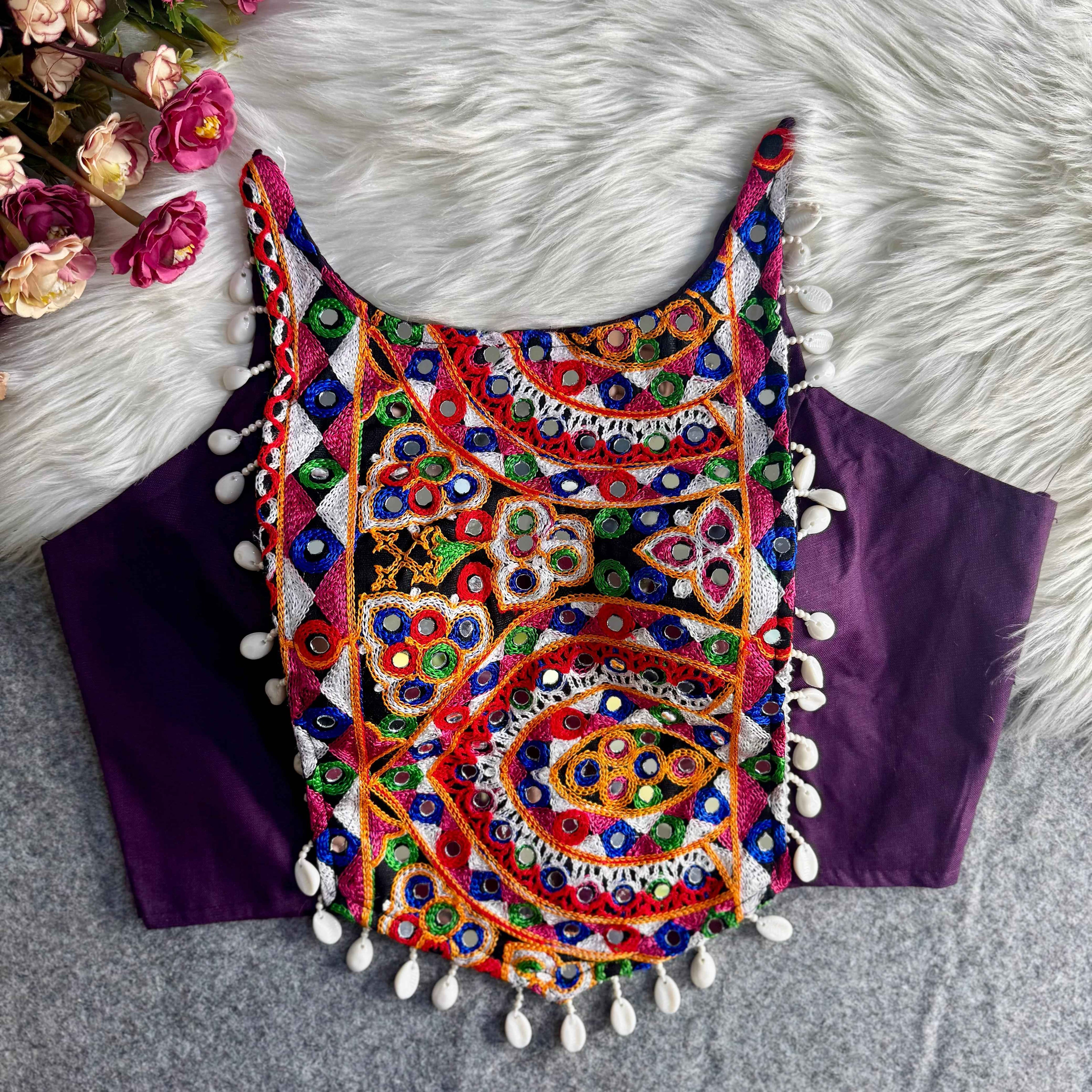 Purple Pure Cotton Heavy Thread + Kaudi &amp; Hand Mirror Work Navratri Blouse