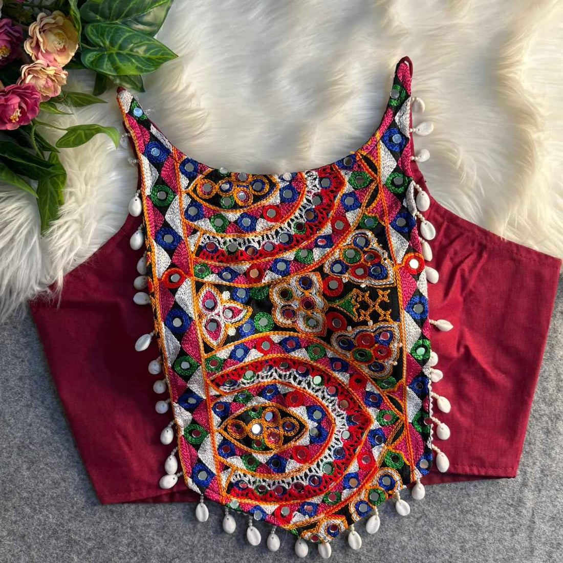 Red Pure Cotton Heavy Thread + Kaudi &amp; Hand Mirror Work Navratri Blouse