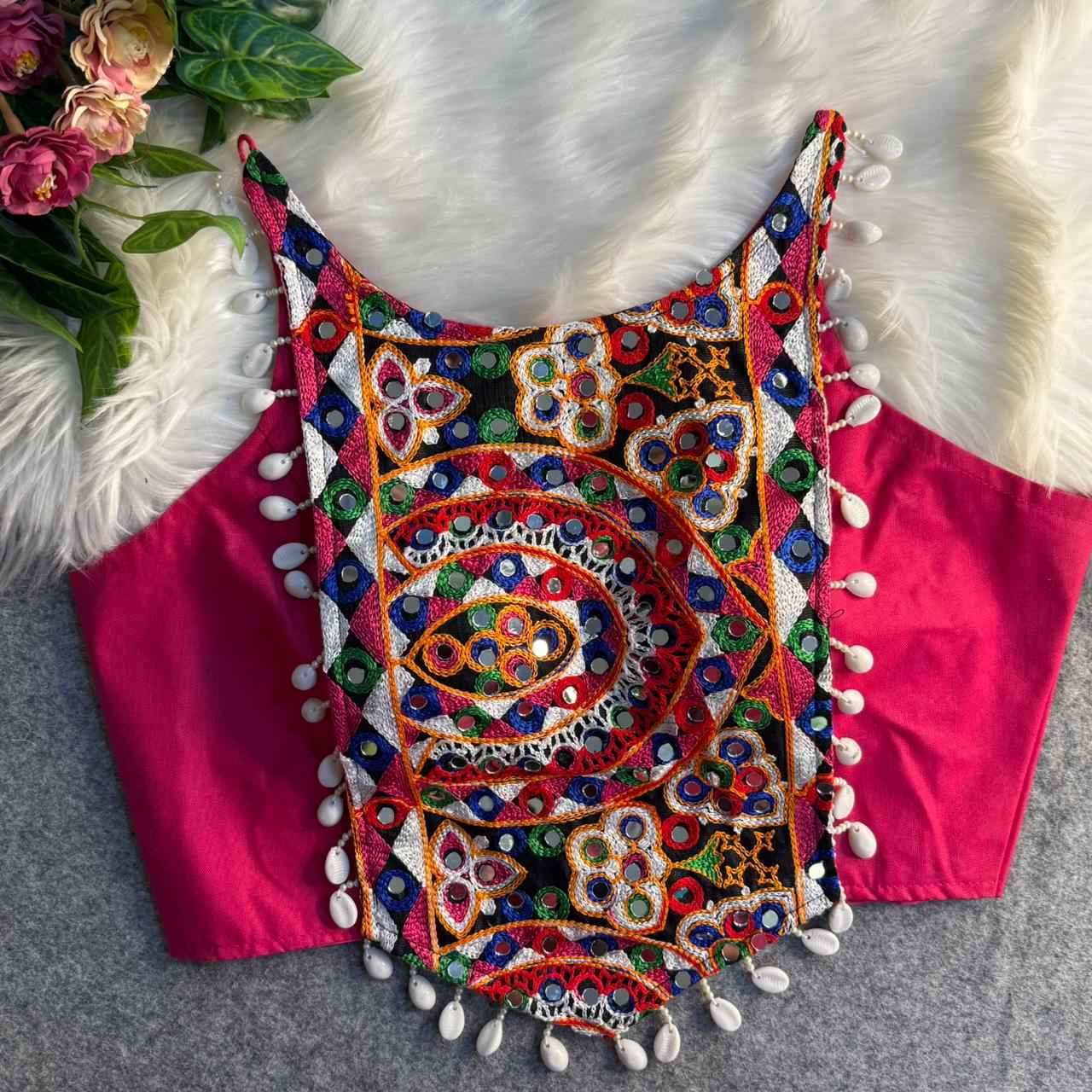 Rani Pure Cotton Heavy Thread + Kaudi &amp; Hand Mirror Work Navratri Blouse