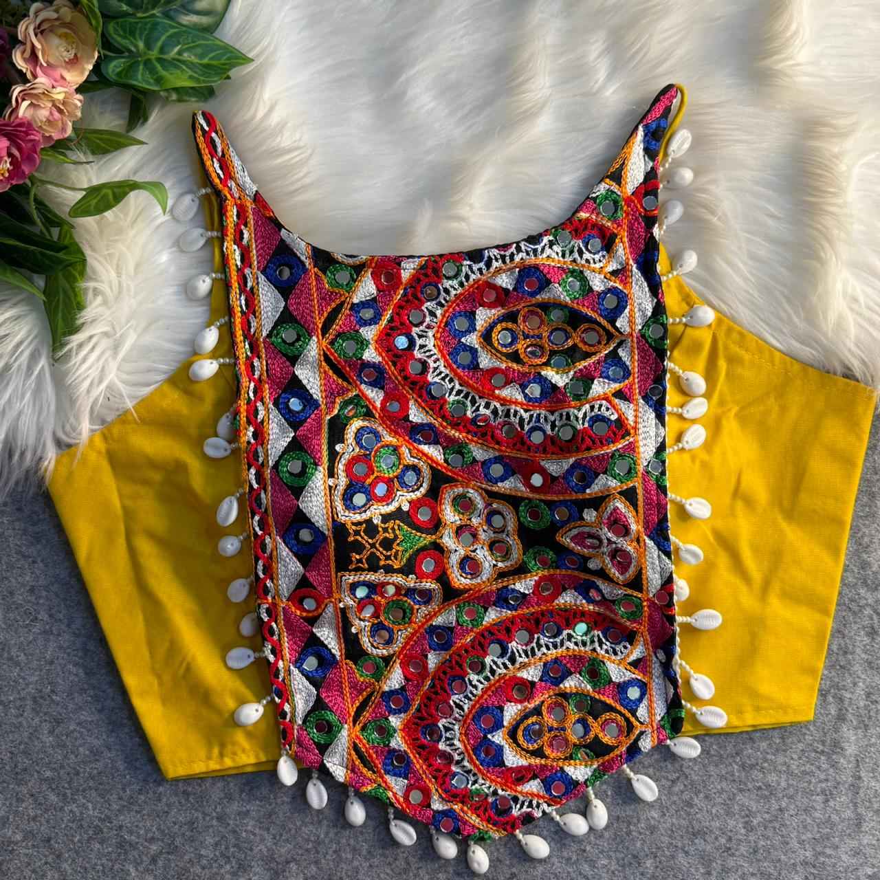 Yellow Pure Cotton Heavy Thread + Kaudi &amp; Hand Mirror Work Navratri Blouse