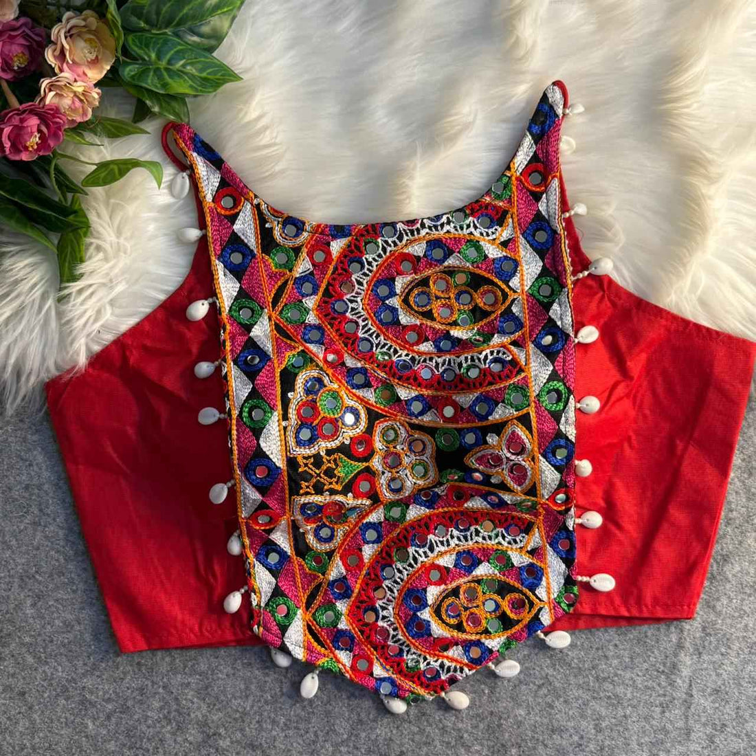 Red Pure Cotton Heavy Thread + Kaudi &amp; Hand Mirror Work Navratri Blouse