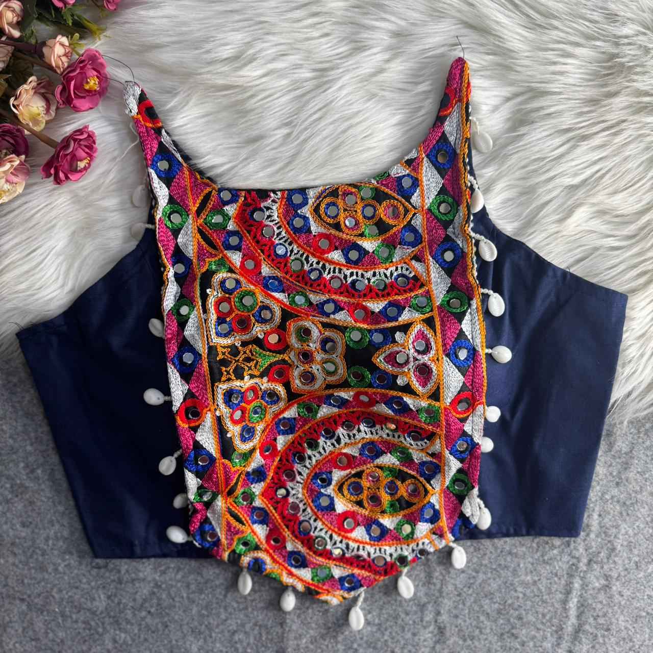 Navy Blue Pure Cotton Heavy Thread + Kaudi &amp; Hand Mirror Work Navratri Blouse
