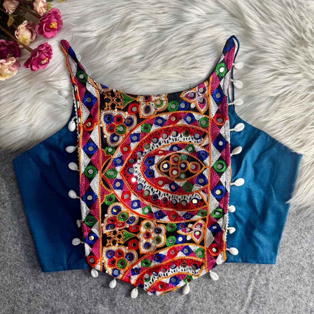 Teal Blue Pure Cotton Heavy Thread + Kaudi &amp; Hand Mirror Work Navratri Blouse
