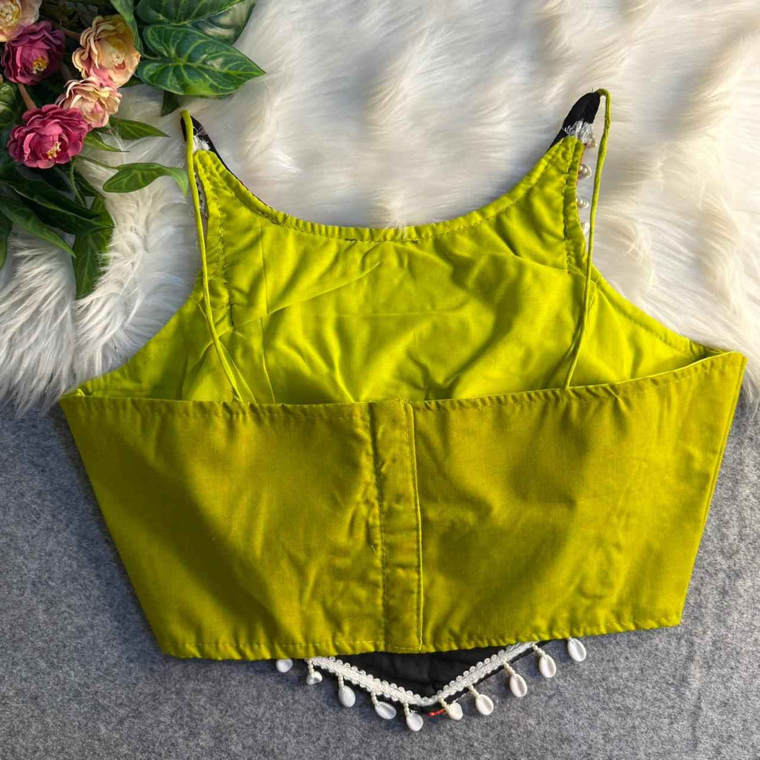 Olive Green Pure Cotton Heavy Thread + Kaudi &amp; Hand Mirror Work Navratri Blouse