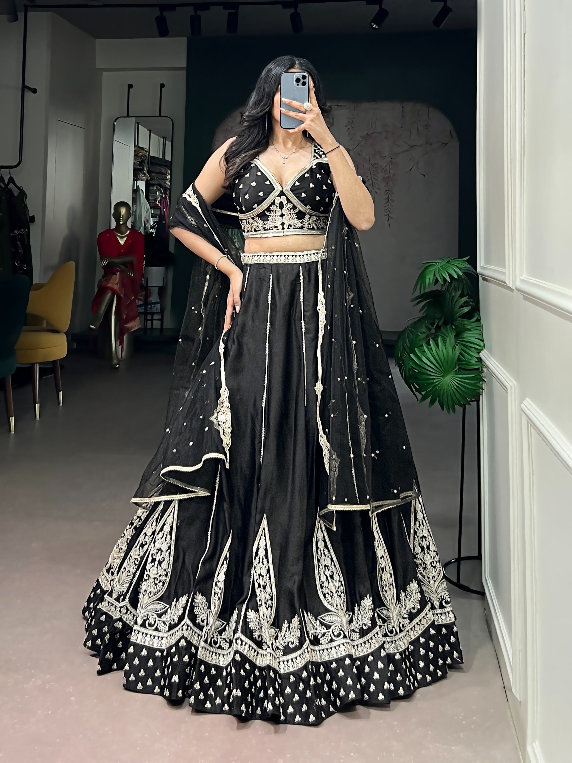 Black Pure Naysha Silk Thread &amp; Sequins Embroidery Work Navratri Lehenga Choli