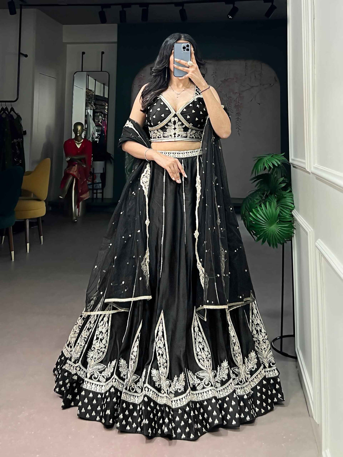 Black Pure Naysha Silk Thread &amp; Sequins Embroidery Work Navratri Lehenga Choli