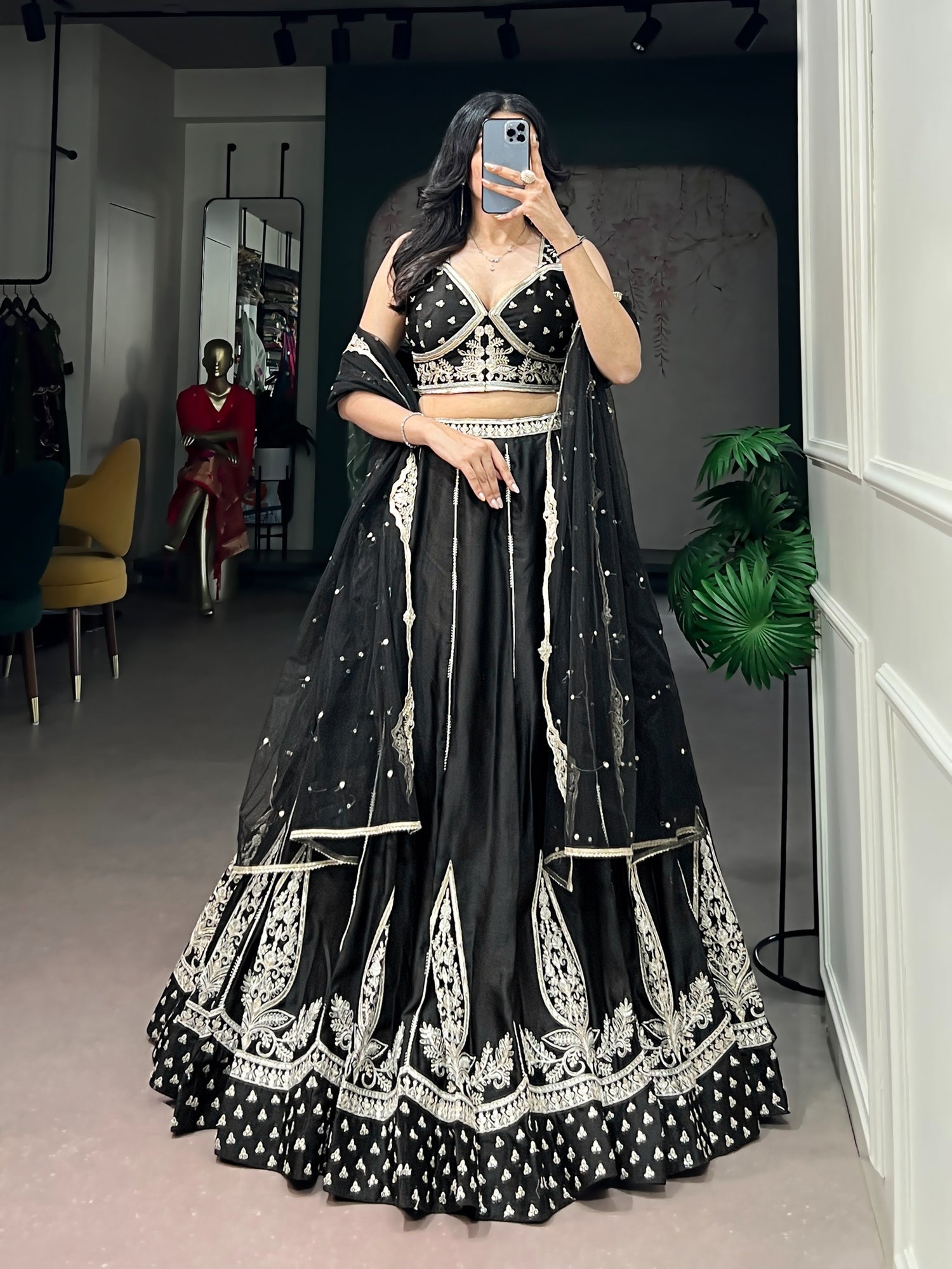 Black Pure Naysha Silk Thread &amp; Sequins Embroidery Work Navratri Lehenga Choli
