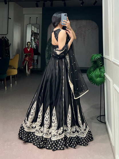 Black Pure Naysha Silk Thread &amp; Sequins Embroidery Work Navratri Lehenga Choli