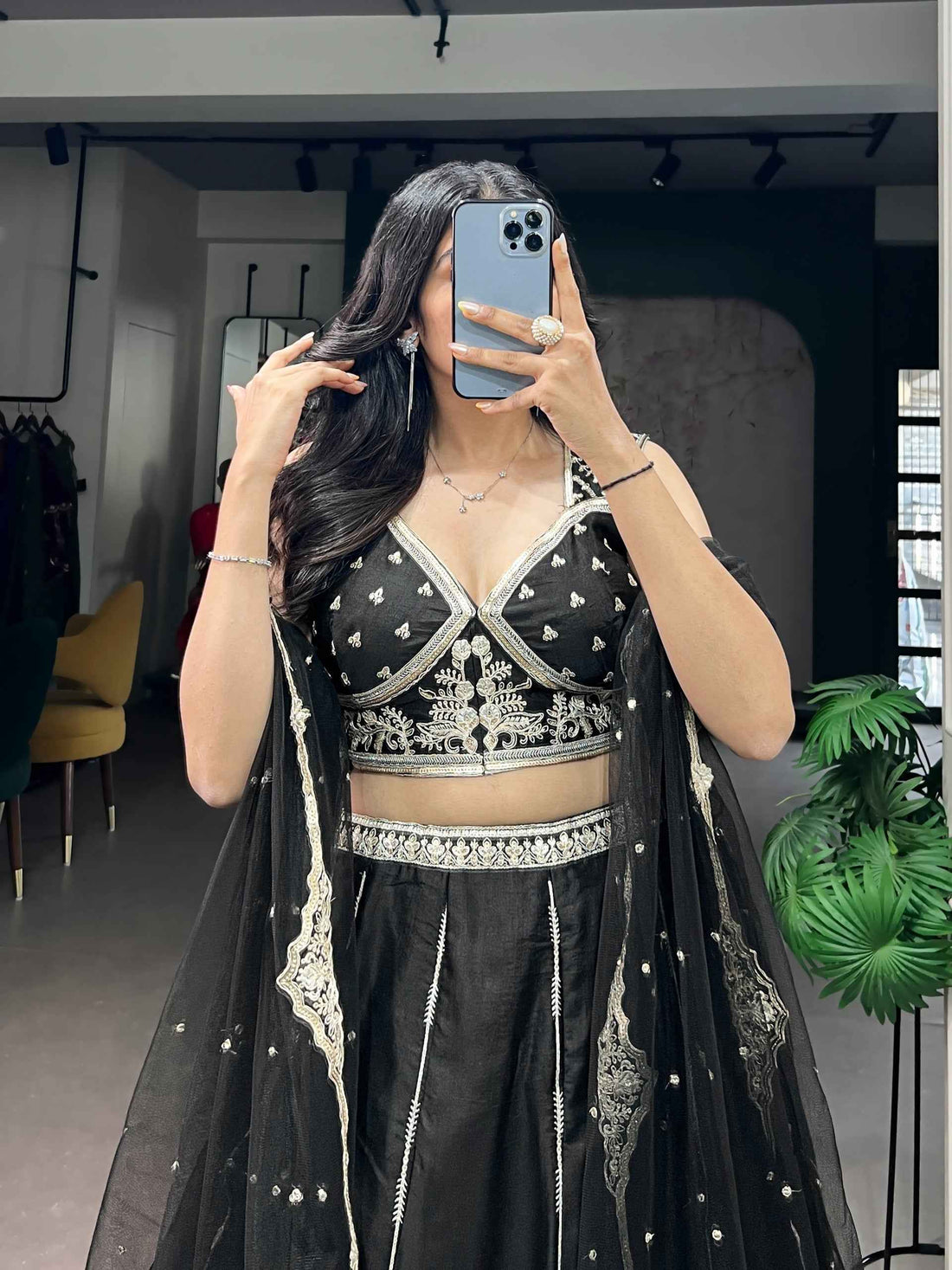 Black Pure Naysha Silk Thread &amp; Sequins Embroidery Work Navratri Lehenga Choli