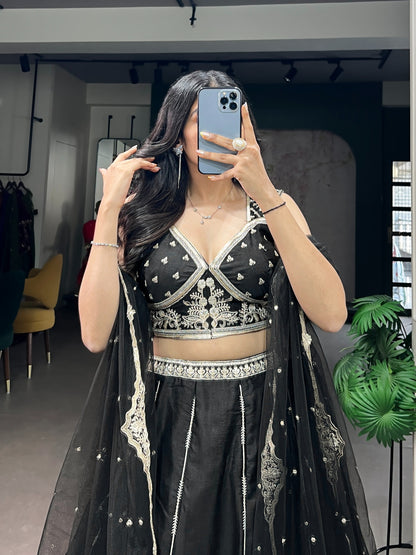 Black Pure Naysha Silk Thread &amp; Sequins Embroidery Work Navratri Lehenga Choli