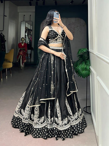 Black Pure Naysha Silk Thread &amp; Sequins Embroidery Work Navratri Lehenga Choli