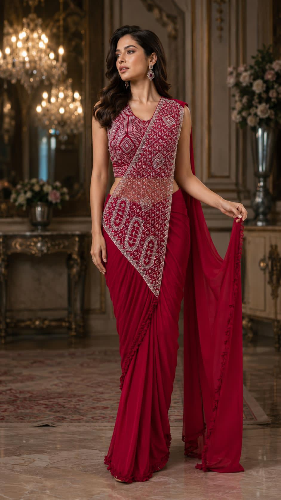 Red Pure Imported Lycra Silk Ready to Wear Saree
