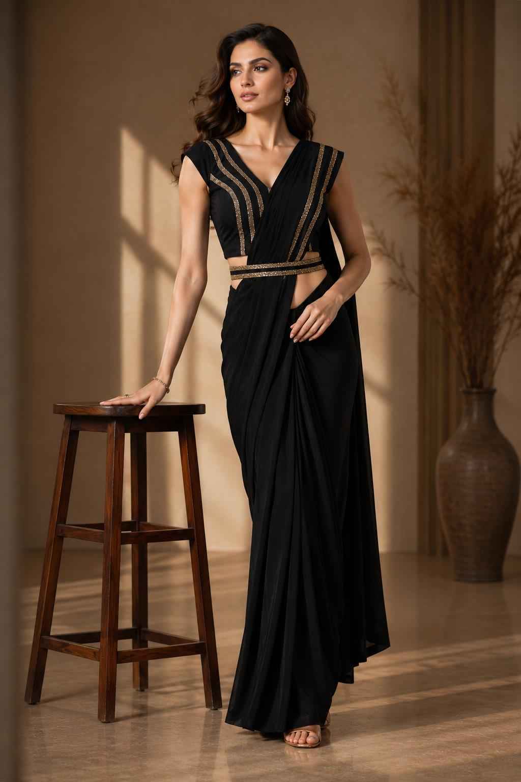 Black Pure Imported Crystle Silk Ready to Wear Saree