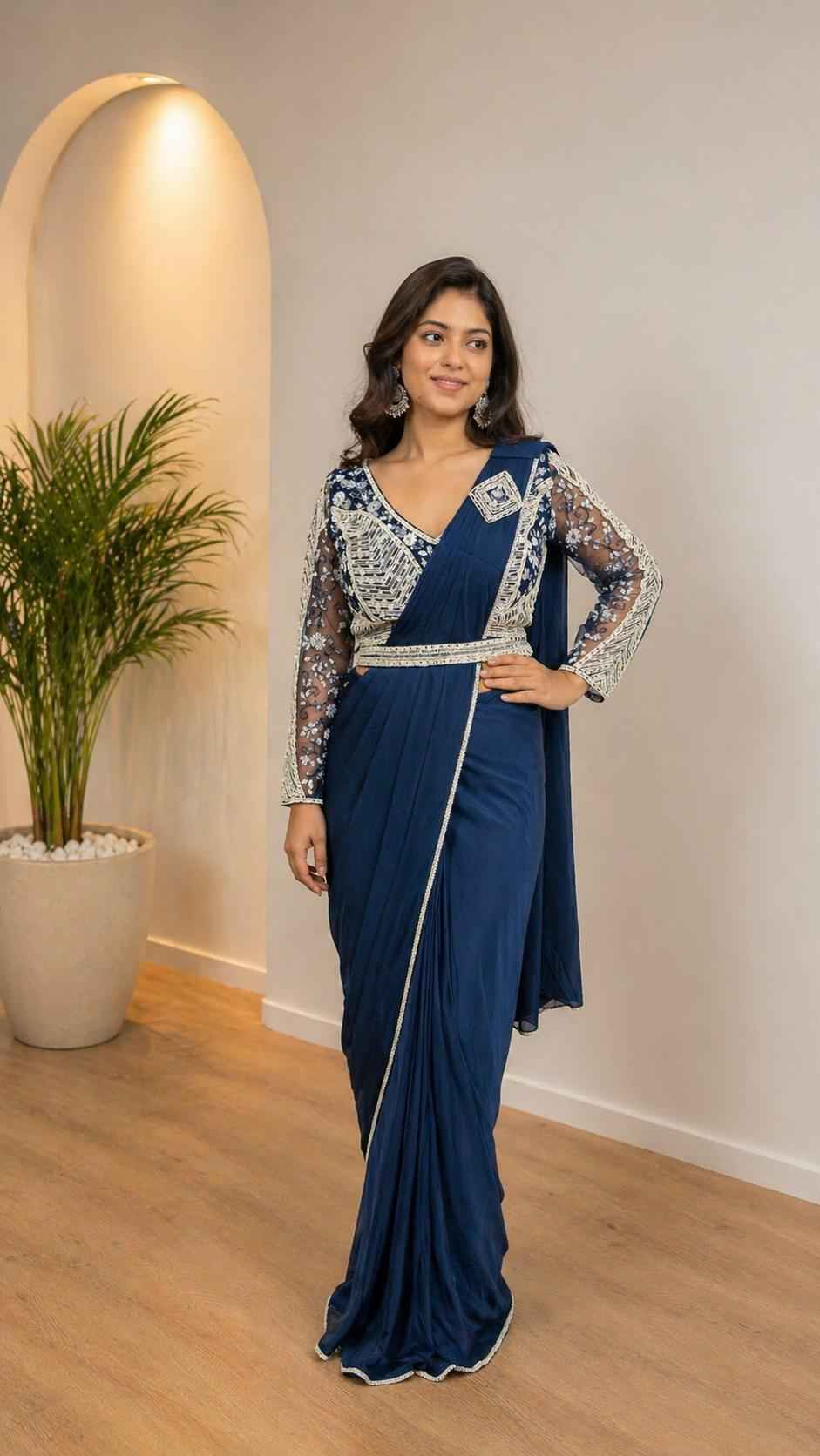 Blue Pure Imported Lycra Silk Ready to Wear Saree