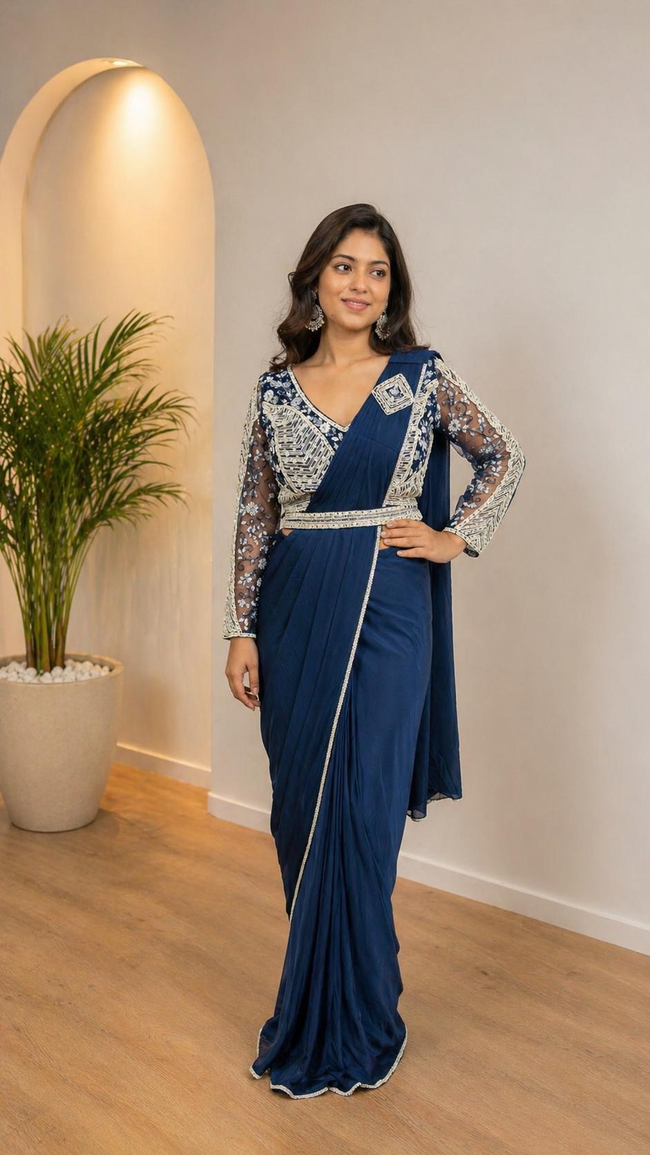 Blue Pure Imported Lycra Silk Ready to Wear Saree