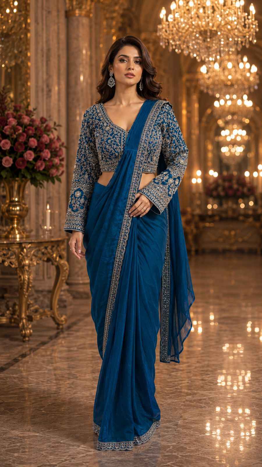 Blue Pure Imported Fendi Silk Ready to Wear Saree
